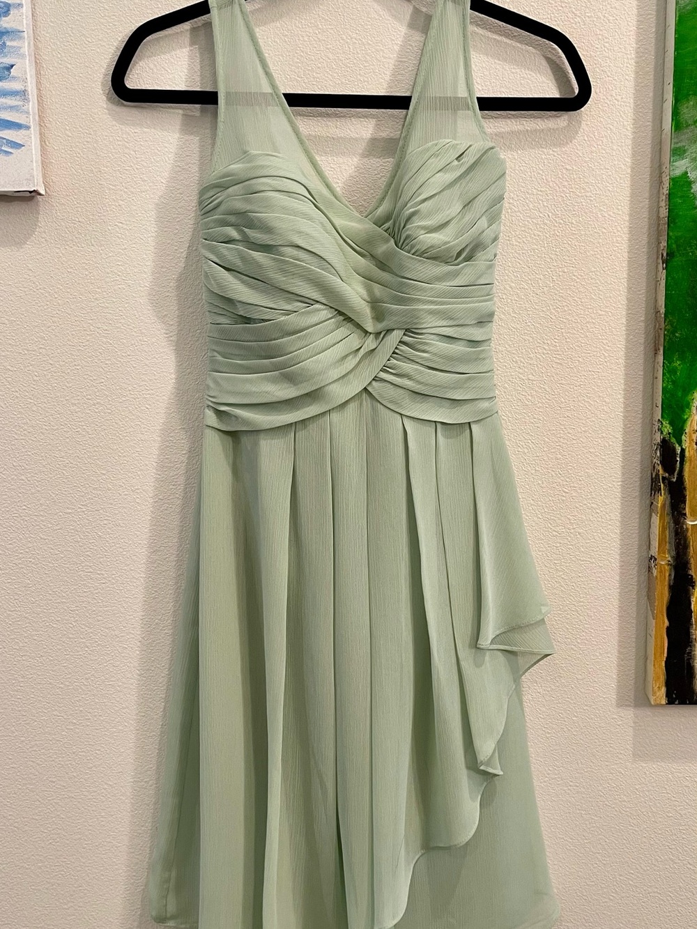 David's Bridal Light Sage Pleated Chiffon Midi Dress
